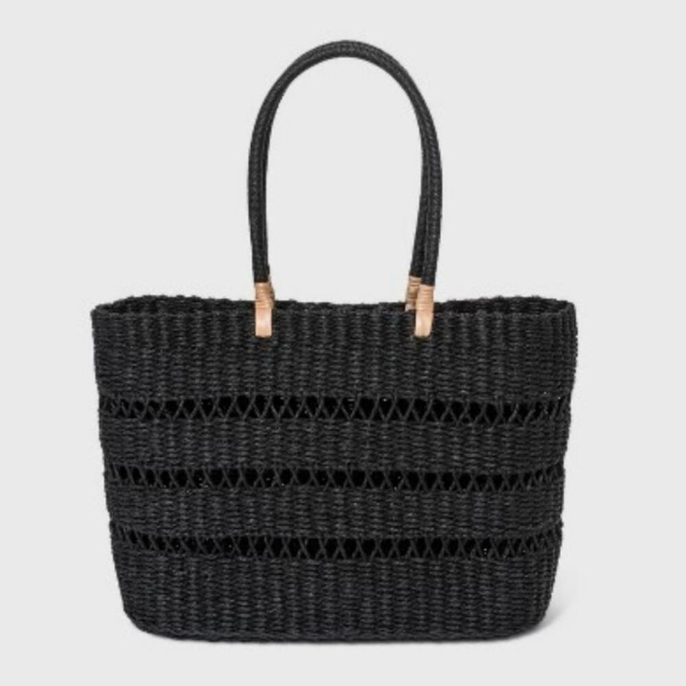 Woven Tote Bag Large Black Gray Beach Picnic Carryall